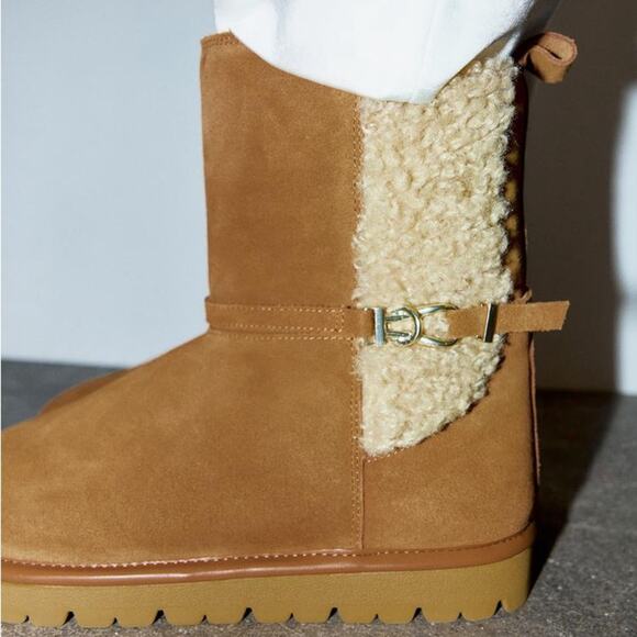 ZARA FAUX SHEARLING FLAT LEATHER ANKLE BOOTS - Picture 1 of 7